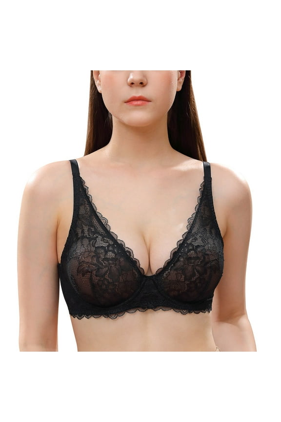 Women's Sexy Sheer Lace Bra Underwire Unlined Plunge See Through Push Up Full Coverage Bra,Black 32D
