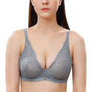 Wingslove Women's Sexy Sheer Lace Bra Underwire Unlined Plunge See Through Push Up Full Coverage Bra,Grey 36C