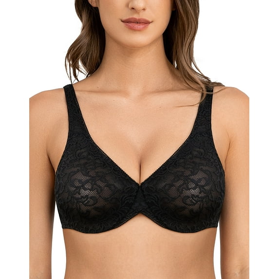 Wingslove Women's Sexy Sheer Lace Push Up Bra Underwire Mesh Plunge Bralette Unlined Bra, Black 34DD