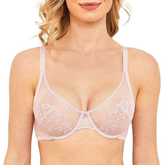 Wingslove Women's Sheer Lace Bra Minimizer See Through Unlined Full Coverage Bras, Light Pink, 40C