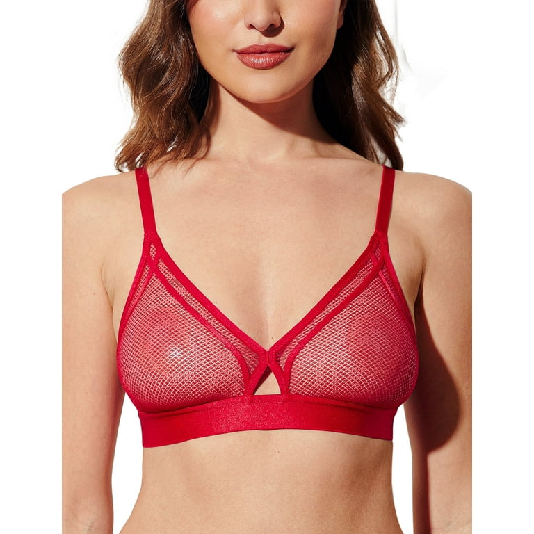 Wingslove Women's Sheer Mesh Bra See Through Sexy Lace Unlined Wireless  Plunge Triangle Bras, Lava Red 34DD