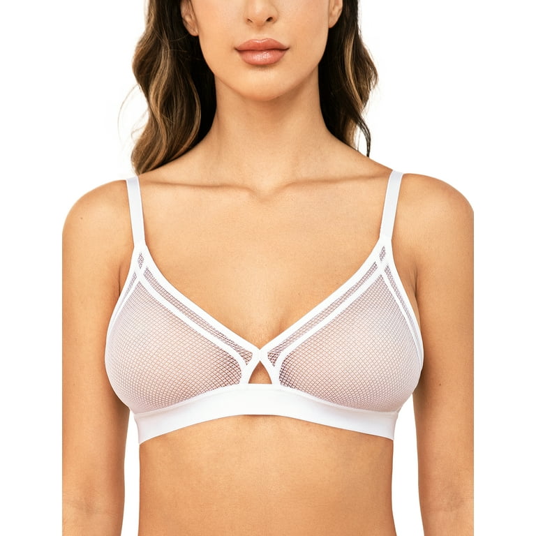 Wingslove Women's Sheer Mesh Bra See Through Sexy Lace Unlined Wireless  Plunge Triangle Bras, White 34C