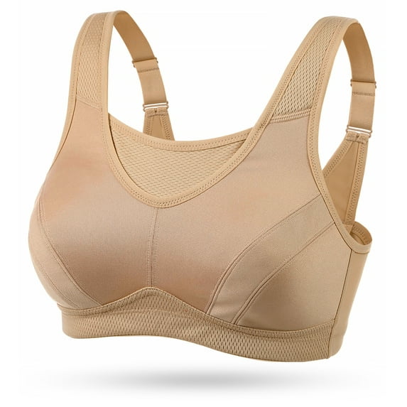 Wingslove Women's Sports Bra Full Coverage Wireless Bra Plus Size High Impact Non Padded Workout Bra,Beige 36DD