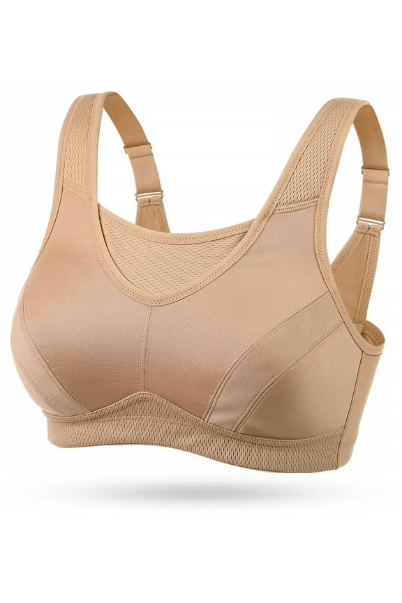 Women's Sports Bra Full Coverage Wireless Bra Plus Size High Impact Non Padded Workout Bra,Beige 36DD