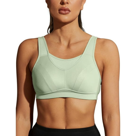 Wingslove Women's Sports Bra Full Coverage Wireless Bra Plus Size High Impact Non Padded Workout Bra,Green 46G