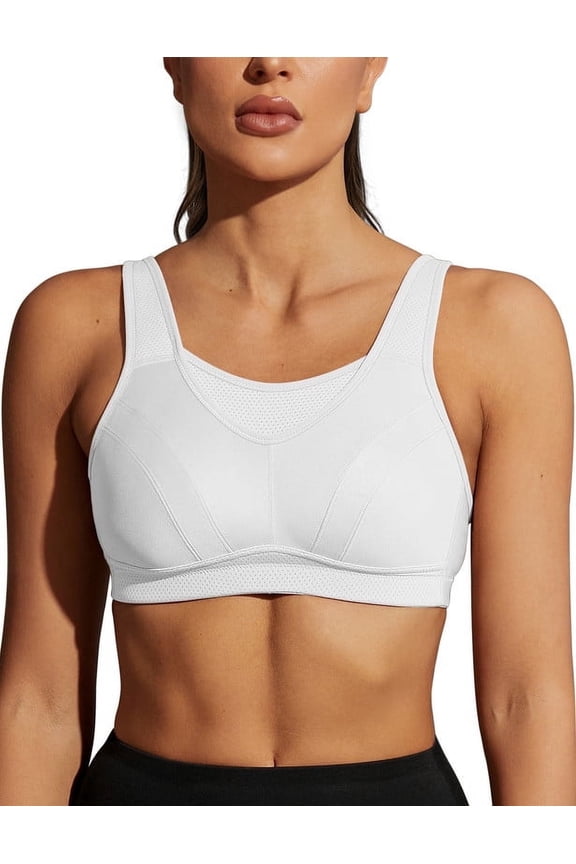 Women's Sports Bra Full Coverage Wireless Bra Plus Size High Impact Non Padded Workout Bra,White 34DDD