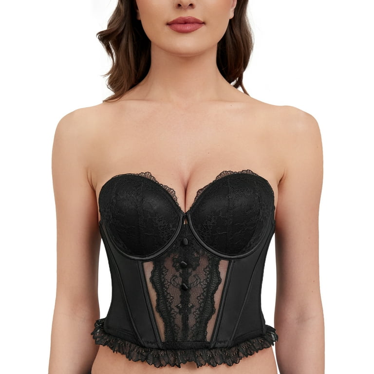 Wingslove Women's Strapless Longline Lace Bustier Corset Crop Bra Push Up  Underwire Sexy Lace bra-Trim Low Back, Black 36DD