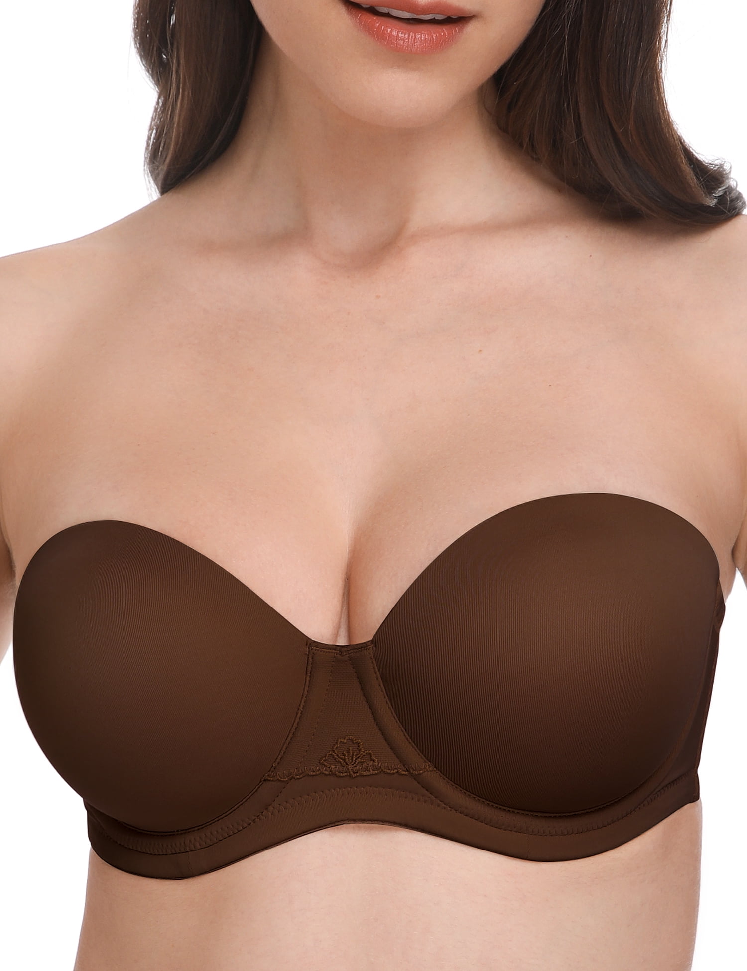 Exclare Women's Seamless Bandeau Unlined Underwire Minimizer Strapless Bra  for Large Bust(chocolate,34DD)