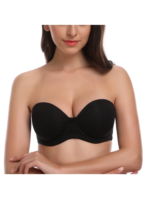 Women's Strapless Push Up Bra Plus Size Full Figure Underwire Multiway Contour Bra,Black 34C