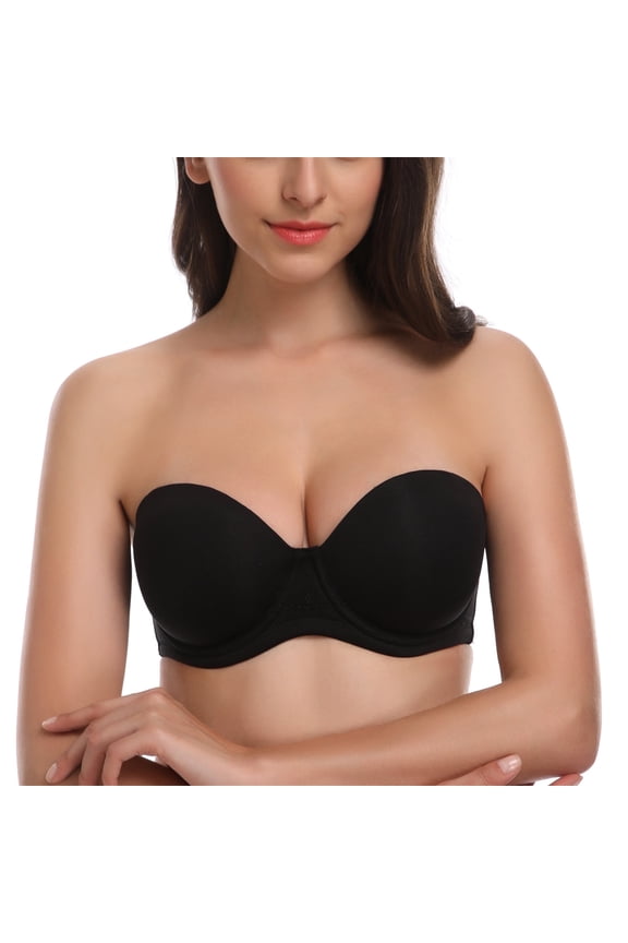 Women's Strapless Push Up Bra Plus Size Full Figure Underwire Multiway Contour Bra,Black 36DDD