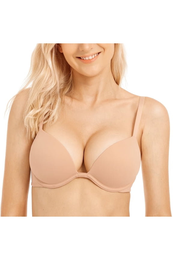 Womens Push-up Bra Deep V Plunge Underwire T-Shirt Bra 2 Cups Up Muitiway,Pink Nude 32DD