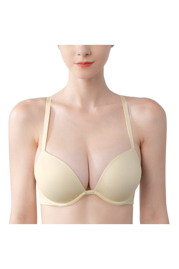 Womens Push-up Bra Deep V Plunge Underwire T-Shirt Bra, Beige 36DD