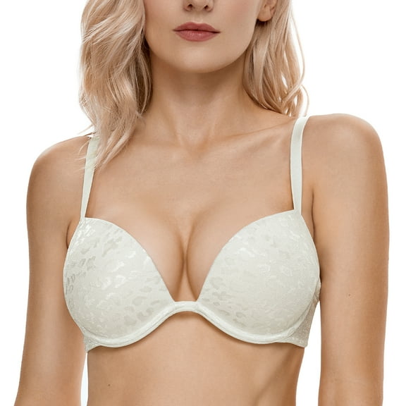 Wingslove Womens Push-up Bra Deep V Plunge Underwire T-Shirt Bra, Ivory 32D