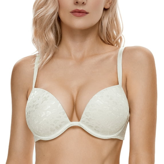Wingslove Womens Push-up Bra Deep V Plunge Underwire T-Shirt Bra, Ivory 36D