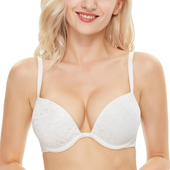 Wingslove Womens Push-up Bra Deep V Plunge Underwire T-Shirt Bra, White 34D