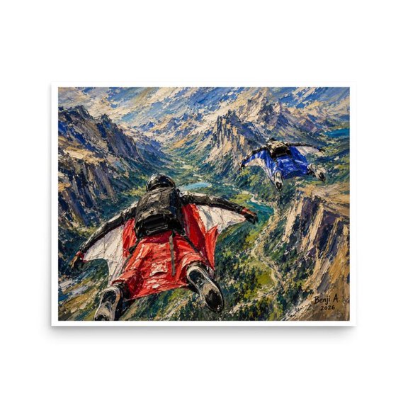 Wingsuit Flight Through Mountain Valley Poster Print – Extreme Sports Wall Art, Adventure Decor, Skydiving Artwork