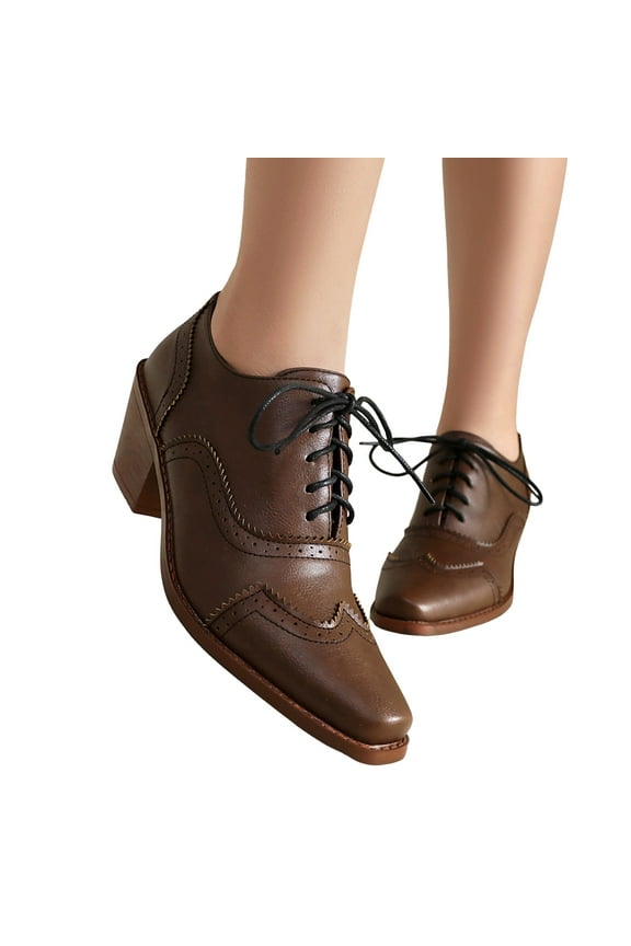 Wingtip Oxfords Combat Boots for Women Retro Vintage Leather Pointed Toe Lace up Chunky Mid Heel Fall Casual Dress Shoes Ankle Booties