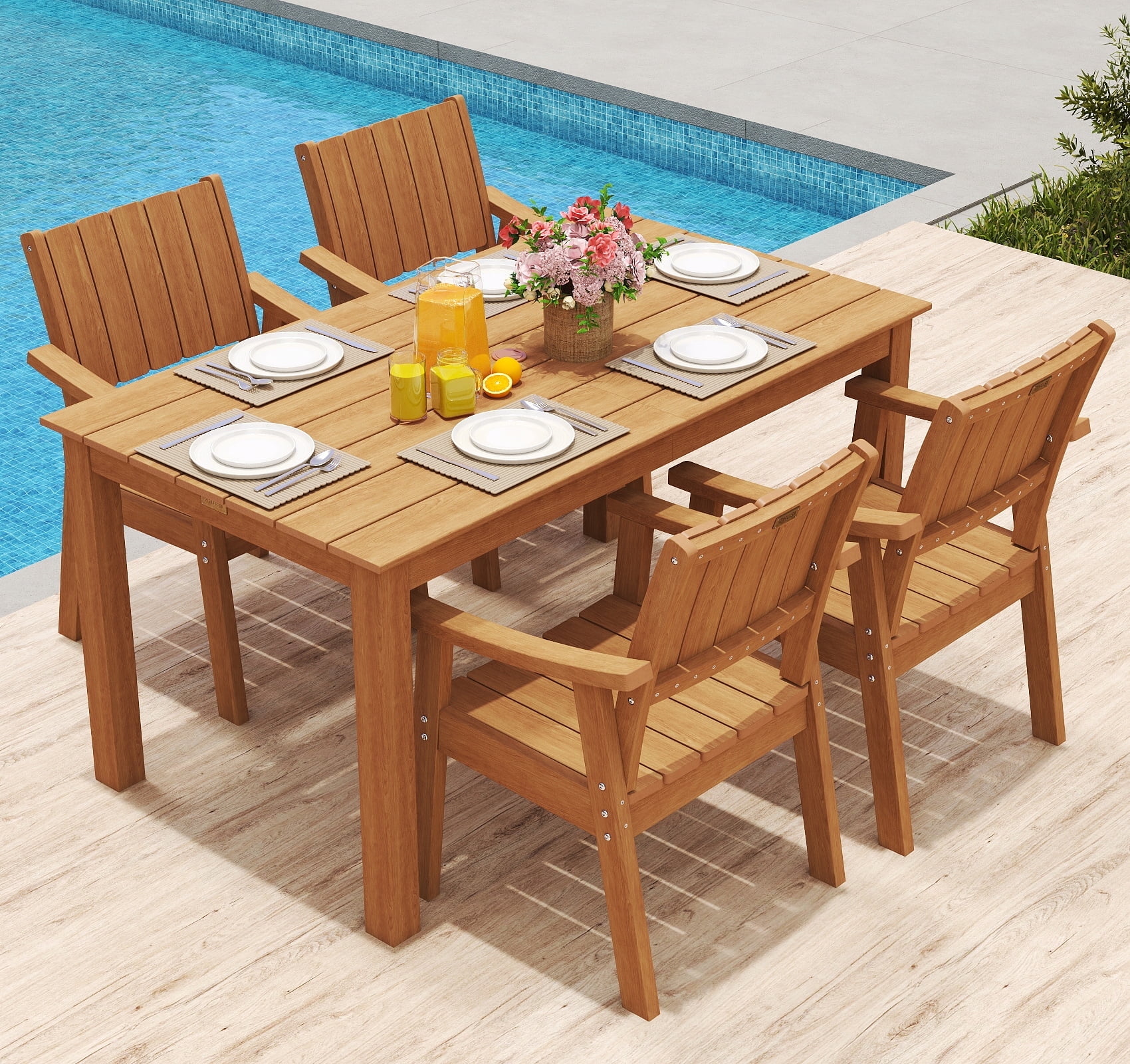 Wingyz 5PCS Patio Dining Set, All Weather Plastic Outdoor Furniture Set 4 Chairs and 1 Table, Wood Color