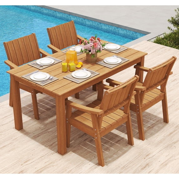 Wingyz 5PCS Patio Dining Set, All Weather Plastic Outdoor Furniture Set 4 Chairs and 1 Table, Wood Color