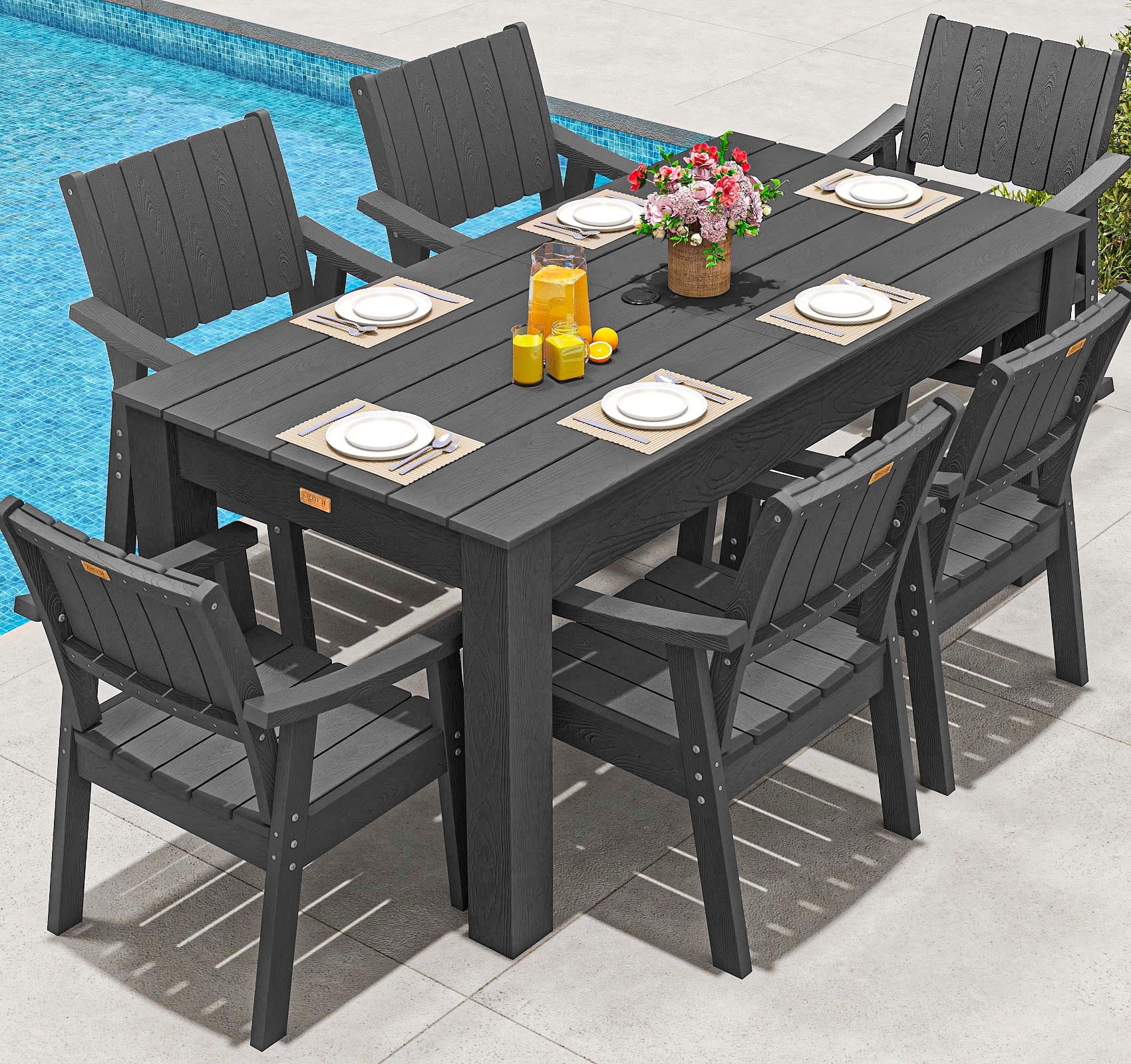 Wingyz 7PCS Patio Dining Set, All Weather Plastic Outdoor Furniture Set 6 Chairs and 1 Table, Grey
