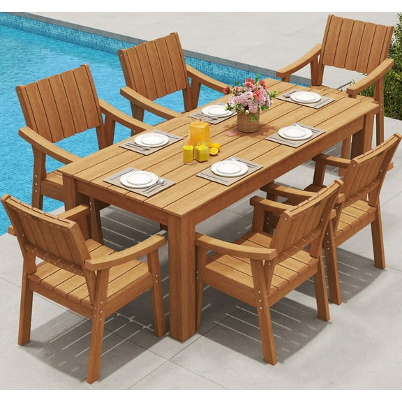 Wingyz 7PCS Patio Dining Set, All Weather Plastic Outdoor Furniture Set 6 Chairs and 1 Table, Wood Color