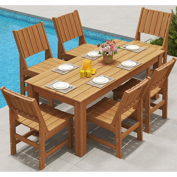 7PCS Patio Dining Set, All Weather Plastic Table with Umbrella Hole Outdoor Furniture Set 6 Side Chairs