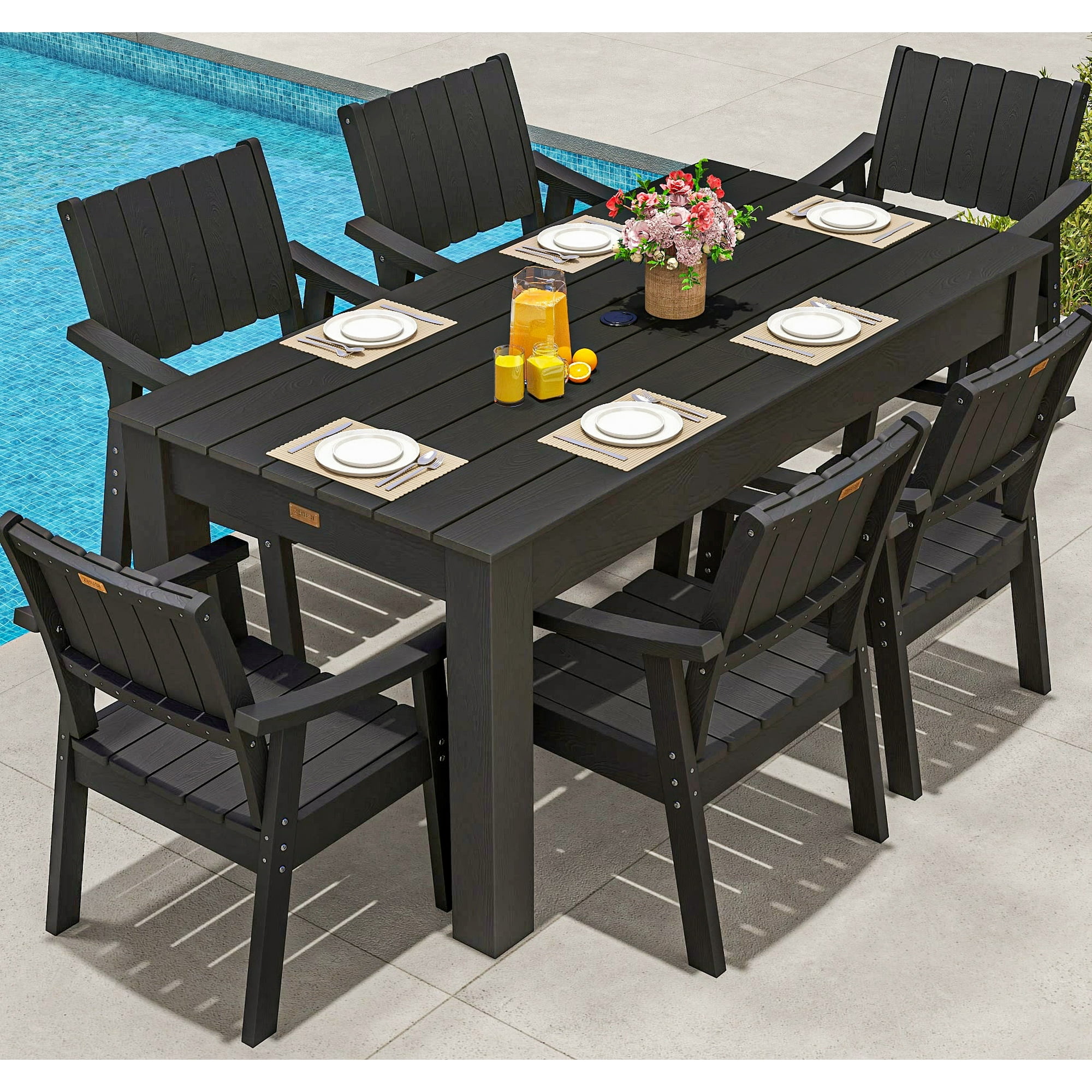 Wingyz 7PCS Patio Dining Set, All Weather Plastic Outdoor Furniture Set 64 Chairs and 1 Table, Black