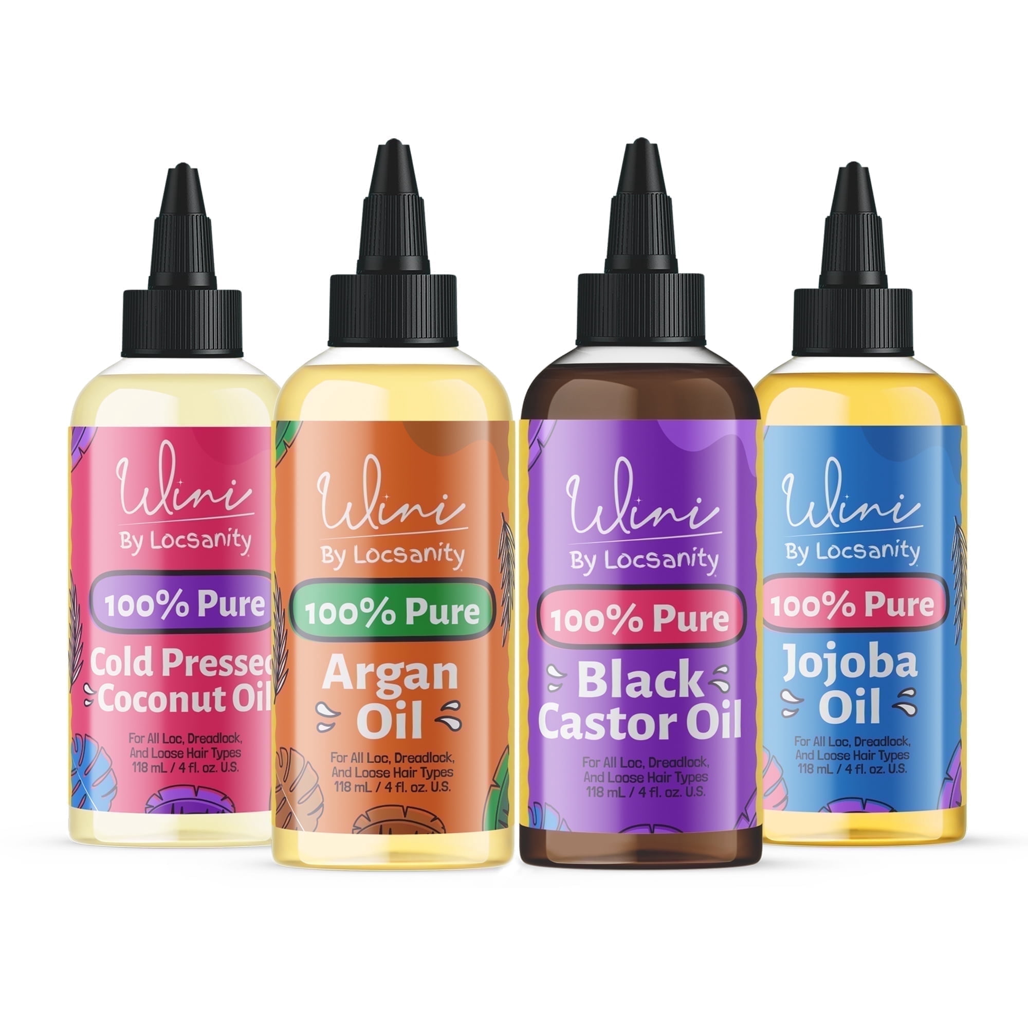 Wini by Locsanity 100% Pure Oil 4-Pack – Jojoba, Argan, Coconut & Black Castor Oils (4 fl oz Each) – Natural Oils for Hair, Skin, and Scalp Care