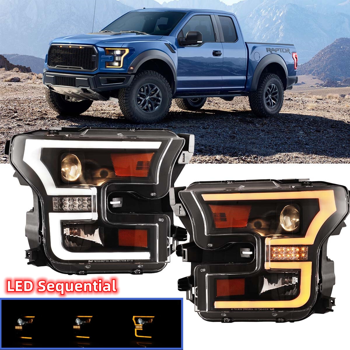 Chrome Projector Headlights For 2015-2017 Ford F150 – Sequential LED Tube & Signal – DOT/SAE