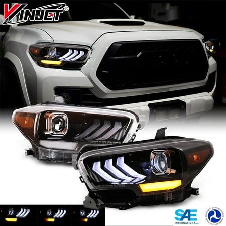 Winjet LED Headlights Fit For 2016-2019 Toyota Tacoma / 2020-2023 Tacoma(SR, SR5, TRD Sport models only),Sequential Turn Signal Light Tacoma Front Lamp (Glossy Black Housing Clear Lens)