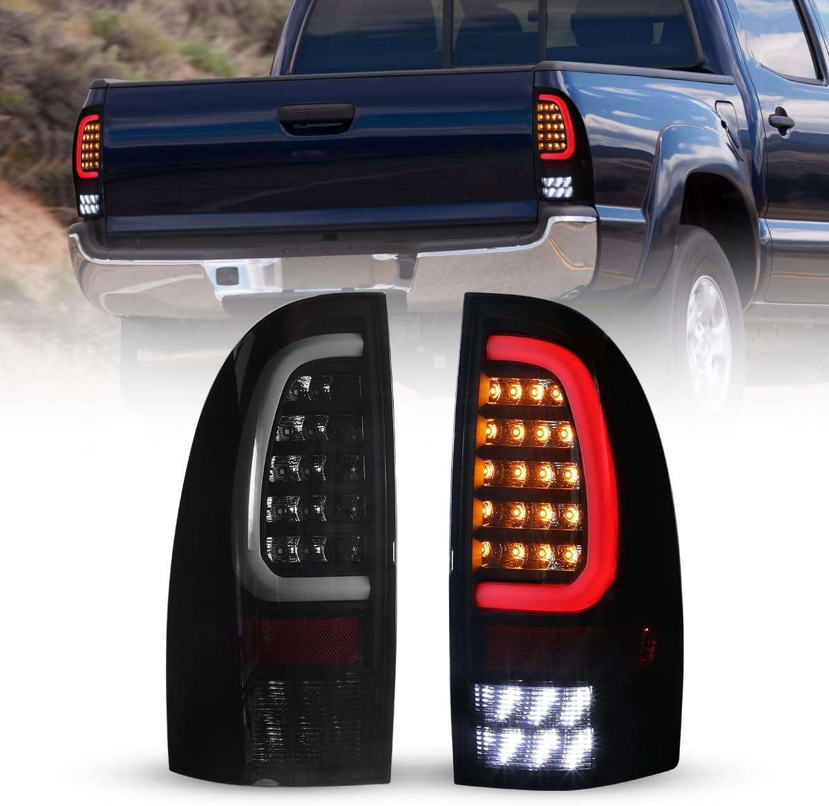 Winjet LED Tail Light Assembly For 2005-2015 Toyota Tacoma,Full Led Taillight Replacement w/Yellow Turn Signal Light/Running Light/Brake Light/Reverse Light - SMOKED LENS