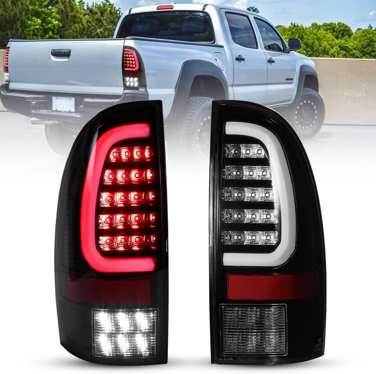 Winjet LED Tail Light Assembly Fit For 2005-2015 Toyota Tacoma,Full Led Taillight Replacement w/Red Sequential Turn Signal/Running/Brake/Reverse Light (Black Housing Clear Lens)