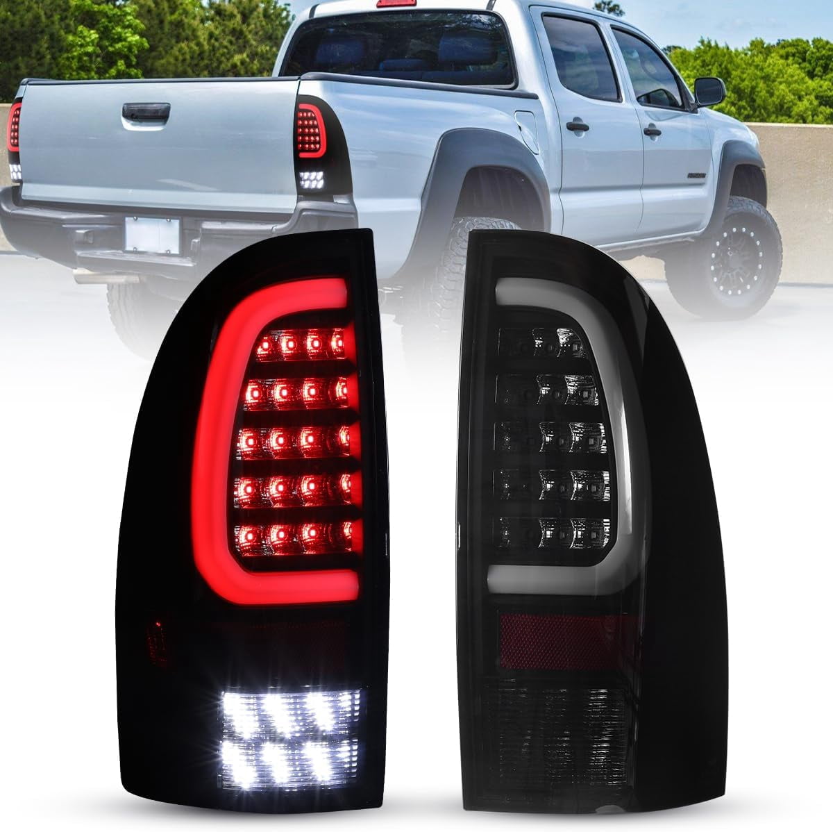 Winjet LED Tail Light Assembly Fit For 2005-2015 Toyota Tacoma,Full Led Taillight Replacement w/Red Sequential Turn Signal/Running/Brake/Reverse Light (Black Housing Smoke Lens)