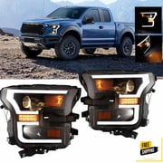 Winjet Pair Headlights For 2015-2017 Ford F150 LED Strip DRL Black Projector Headlamps