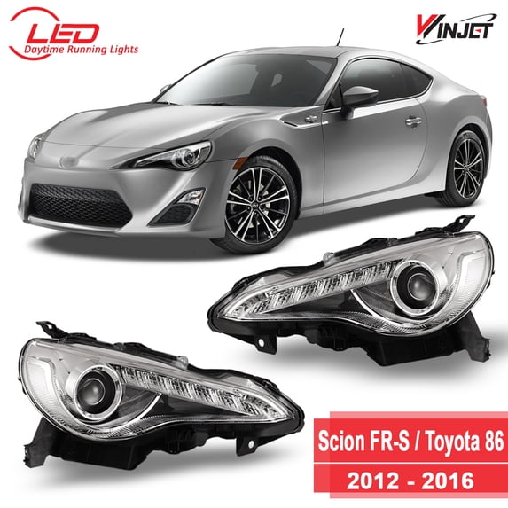 Winjet Projector Halogen Chrome/Clear Headlights with LED DRL Pair Set for 2012-2015 Scion FR-S / 2015-2016 Toyota 86