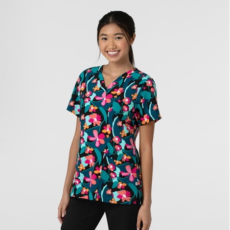 Wink Fashion Prints Women's Fitted 3-Pocket V-Neck Print Scrub Top, Wonderfully Wild, M