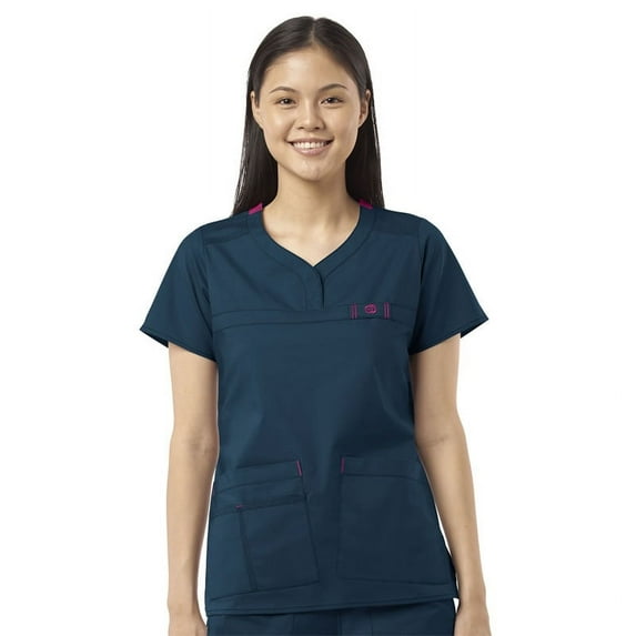 Wink WonderFLEX Patience - Women's Curved Notch Neck Scrub Top, Caribbean Blue, 2X Womens Plus