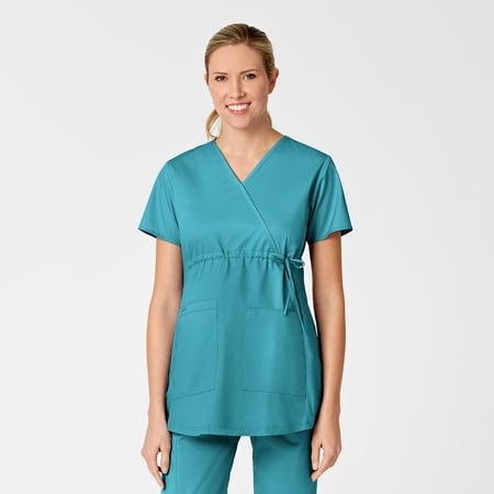 Wink WonderWORK Maternity Mock Wrap Scrub Top, Teal Blue, 2X Womens