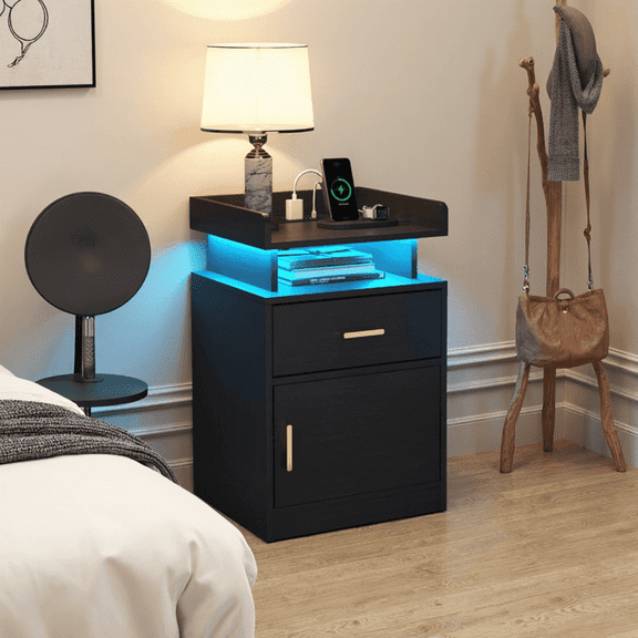 Winkalon 2 Drawer Modern Nightstand with RGB LED Light High Gloss Bedside Tables for Bedroom Black