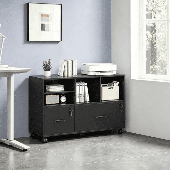 Winkalon 2-Drawer Wood File Cabinet, Mobile Lateral Printer Stand with Lock & Open Storage Shelves, Storage Shelves for Home Office, Black