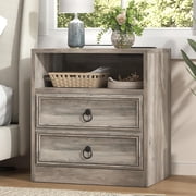Winkalon 2 Drawers Farmhouse Nightstand with Charging Station, Rustic Bedside Tbale with Drawers for Bedroom, Vintage End Table with Open Shelf for Bedroom Living Room, Grey