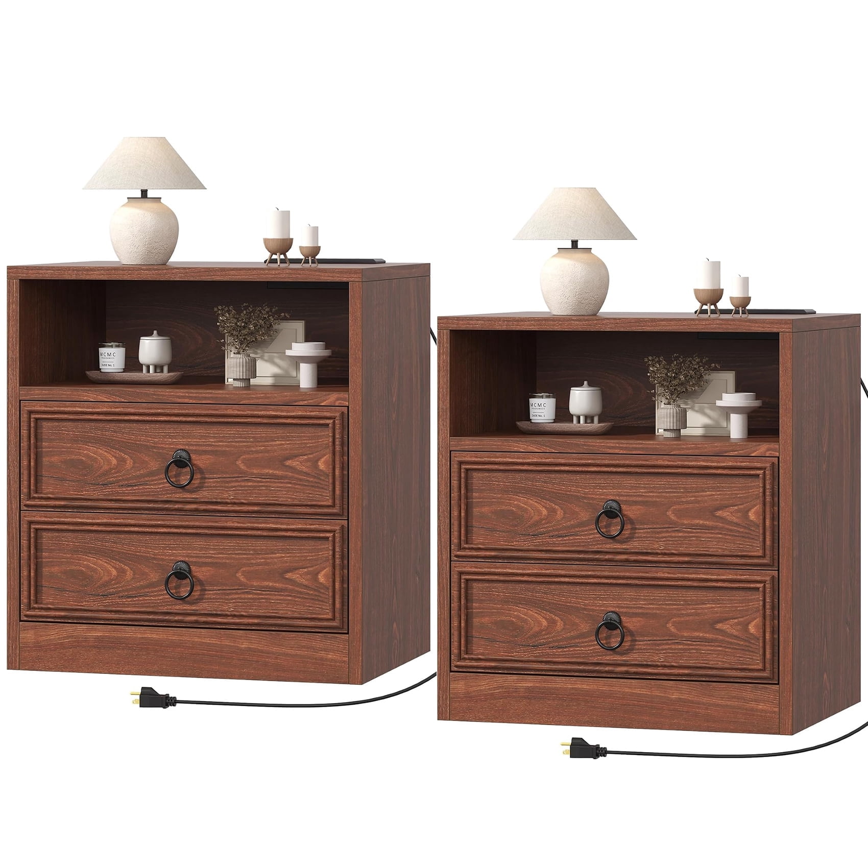 Winkalon 2 Drawers Farmhouse Nightstand Set of 2 with Charging Station, Rustic Bedside Tbale with Drawers for Bedroom, Vintage End Table with Open Shelf for Bedroom Living Room, Cherry