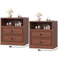 thumbnail image 1 of Winkalon 2 Drawers Farmhouse Nightstand Set of 2 with Charging Station, Rustic Bedside Tbale with Drawers for Bedroom, Vintage End Table with Open Shelf for Bedroom Living Room, Cherry, 1 of 8
