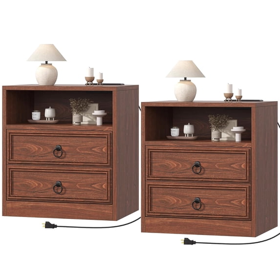 Winkalon 2 Drawers Farmhouse Nightstand Set of 2 with Charging Station, Rustic Bedside Tbale with Drawers for Bedroom, Vintage End Table with Open Shelf for Bedroom Living Room, Cherry