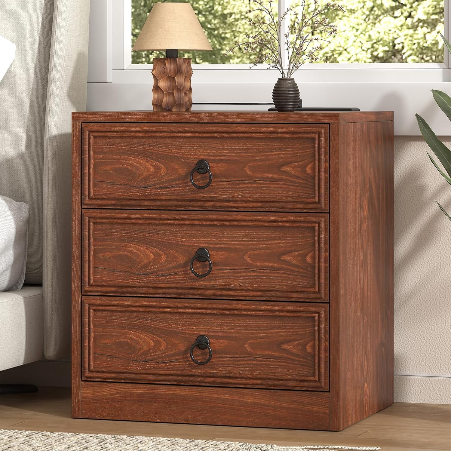 Winkalon 3 Drawers Farmhouse Nightstand with Charging Station, Rustic Bedside Tbale with Drawers for Bedroom, Vintage End Table for Bedroom Living Room, Cherry