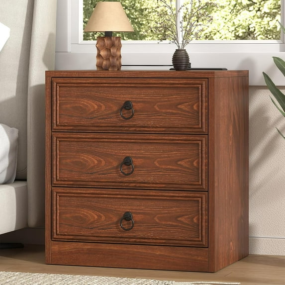 Winkalon 3 Drawers Farmhouse Nightstand with Charging Station, Rustic Bedside Tbale with Drawers for Bedroom, Vintage End Table for Bedroom Living Room, Cherry