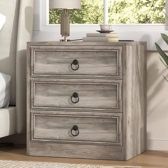 Winkalon 3 Drawers Farmhouse Nightstand with Charging Station, Rustic Bedside Tbale with Drawers for Bedroom, Vintage End Table for Bedroom Living Room, Grey