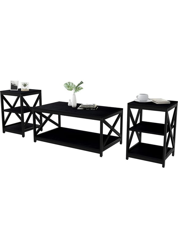 Winkalon 3-Piece Coffee Table Set with Coffee Table and 2 End Tables,Industrial X-Shaped Design Living Room Table Set,Black
