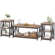 Winkalon 3-Piece Coffee Table Set with Coffee Table and 2 End Tables,Modern Living Room Table Set with Metal Frame for Apartment Home Office,Brown