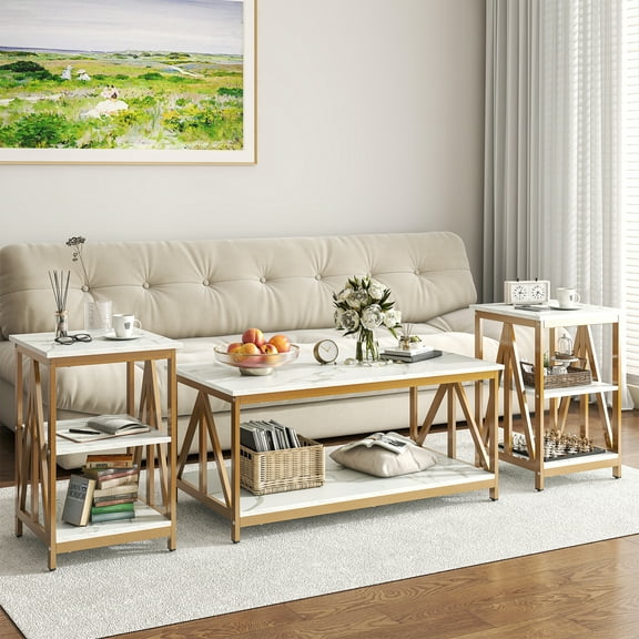 Winkalon 3-Piece Coffee Table Set with Coffee Table and 2 End Tables,Modern Living Room Table Set with Metal Frame for Apartment Home Office,White